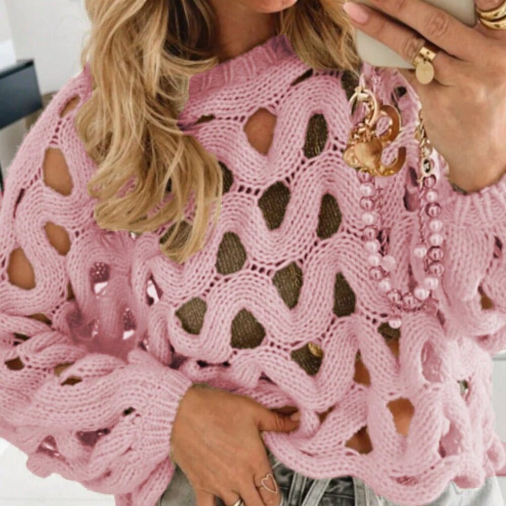 Pink Casual Women's Skeleton Weave Long Sleeve Cowl Sweater Pullover - Picture 2 of 11